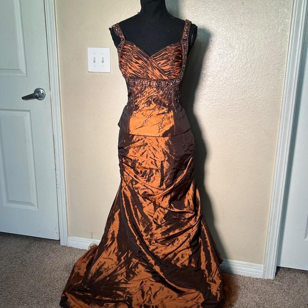 Fiesta Y2K Beaded Sequin Copper Brown Metallic Ruched Mermaid Maxi Dress Small